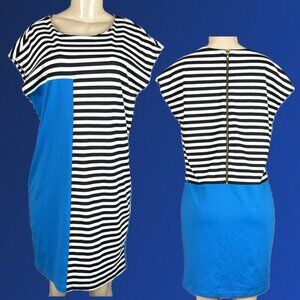 Emma & Michelle Black Striped Blue Colorblock Dolman Cap Sleeve Above Knee Dress